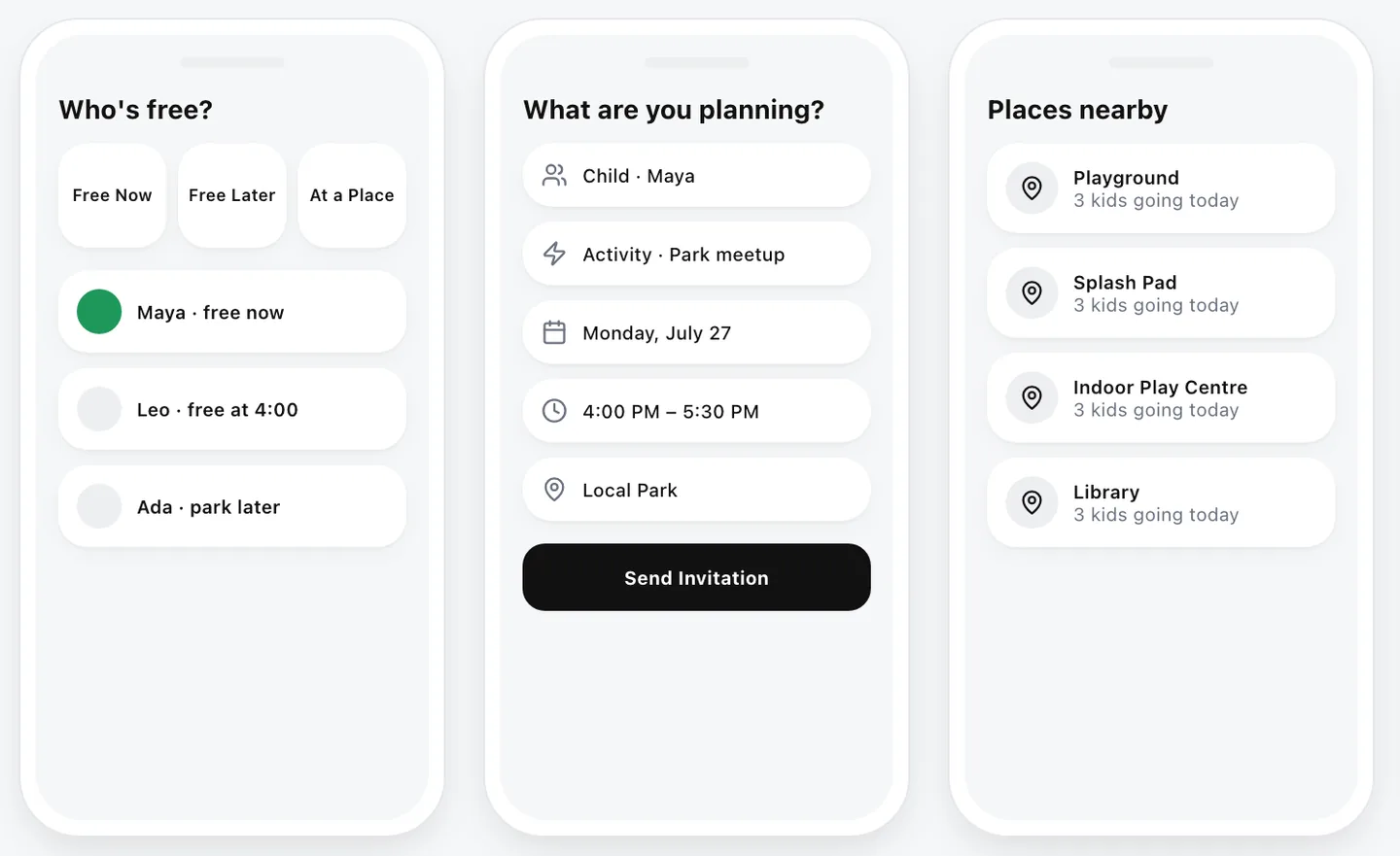 Three KikiPlay phone screens: who is free, planning a playdate, and nearby places