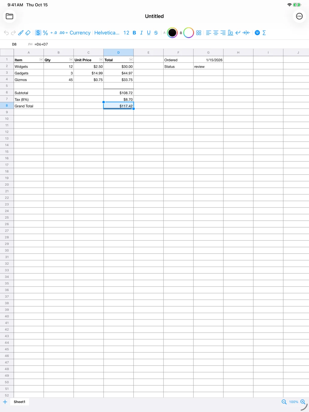 SimpleSpread on an iPad showing a small invoice with a formula in the formula bar